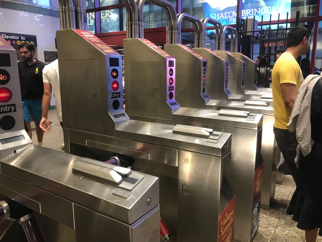 Subway turnstiles not working in Times Square on July 13, 2019 (Jake Offenhartz / Gothamist)